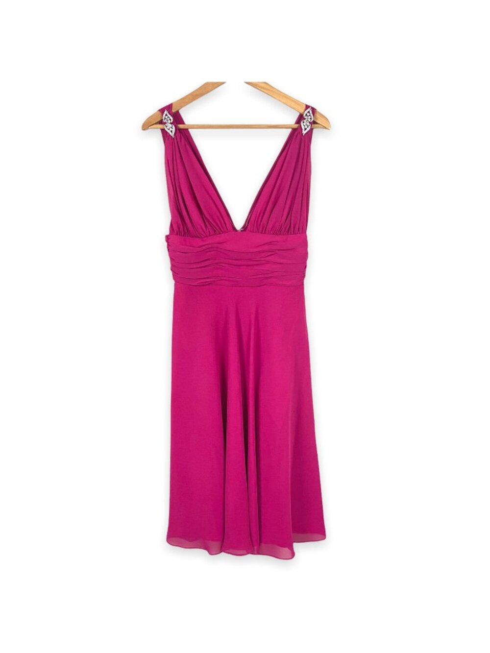 Faviana Bright Pink Chiffon Knee Length Dress Size 7/8 Shoulder Brooch Plunge